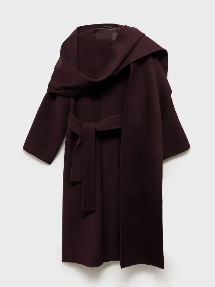 Women's Burgundy Belted Wool Blend Wrap Coat – Longline – Burgundy