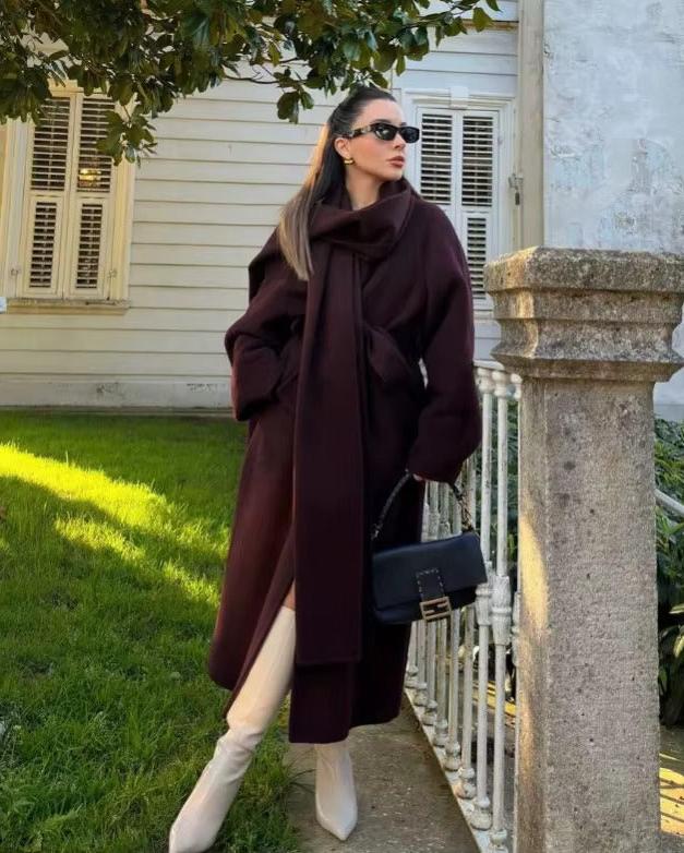 Women's Burgundy Belted Wool Blend Wrap Coat – Longline