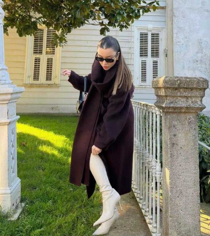 Women's Burgundy Belted Wool Blend Wrap Coat – Longline