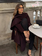 Women's Burgundy Belted Wool Blend Wrap Coat – Longline