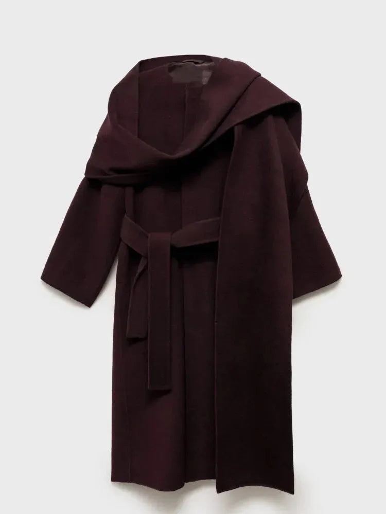 Women's Burgundy Belted Wool Blend Wrap Coat – Longline
