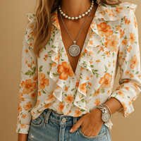 Women's Butterfly Print Ruffle Blouse | Lightweight Casual Top for Everyday Wear