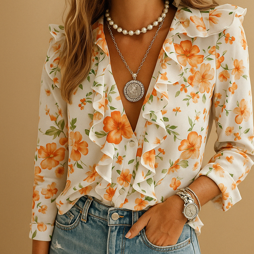 Women's Butterfly Print Ruffle Blouse | Lightweight Casual Top for Everyday Wear