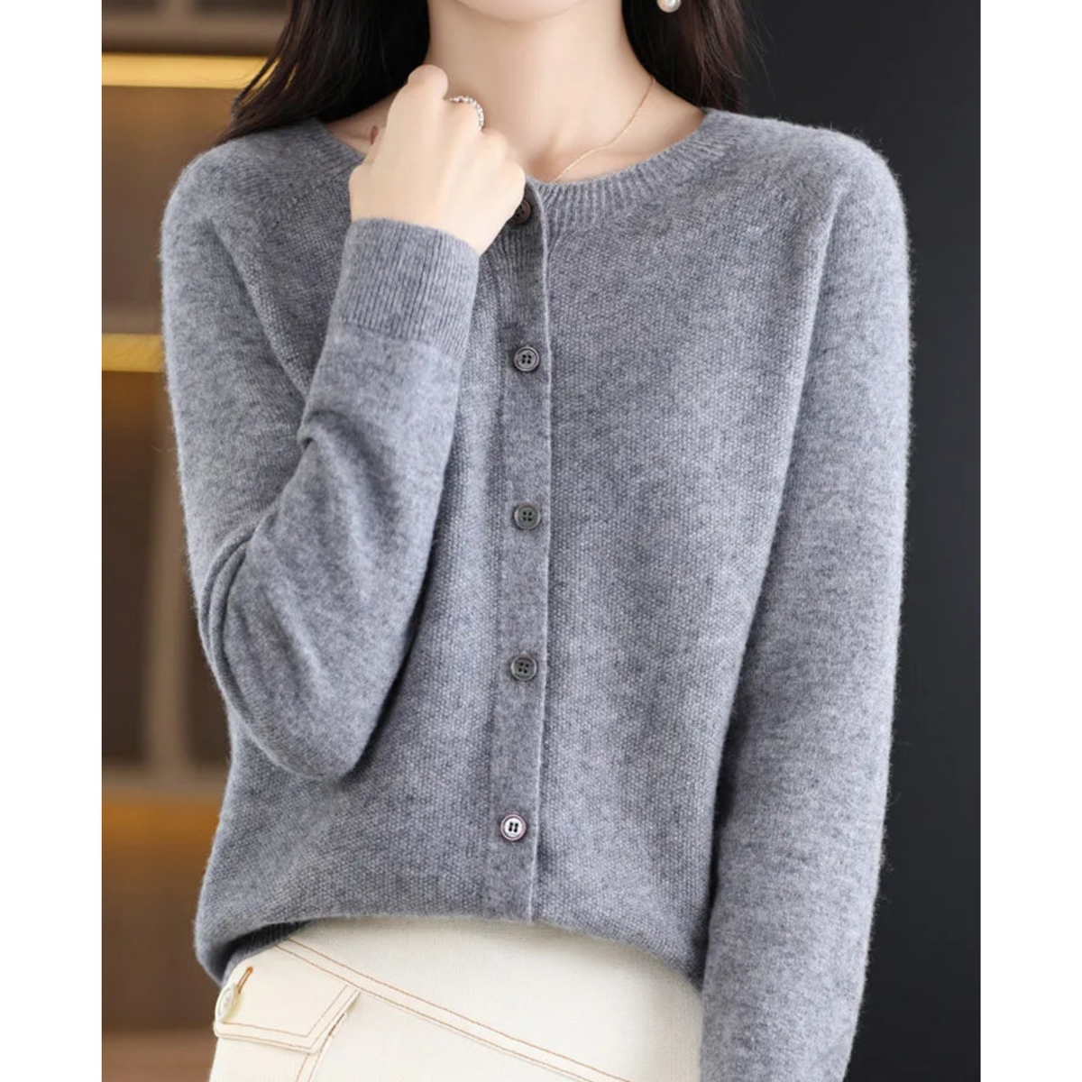 Women's Cashmere Cardigan – Classic Layering Knit – Gray