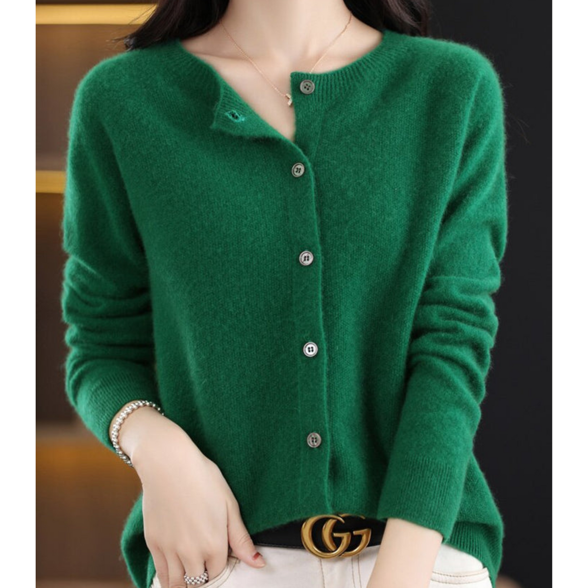 Women's Cashmere Cardigan – Classic Layering Knit – Dark green