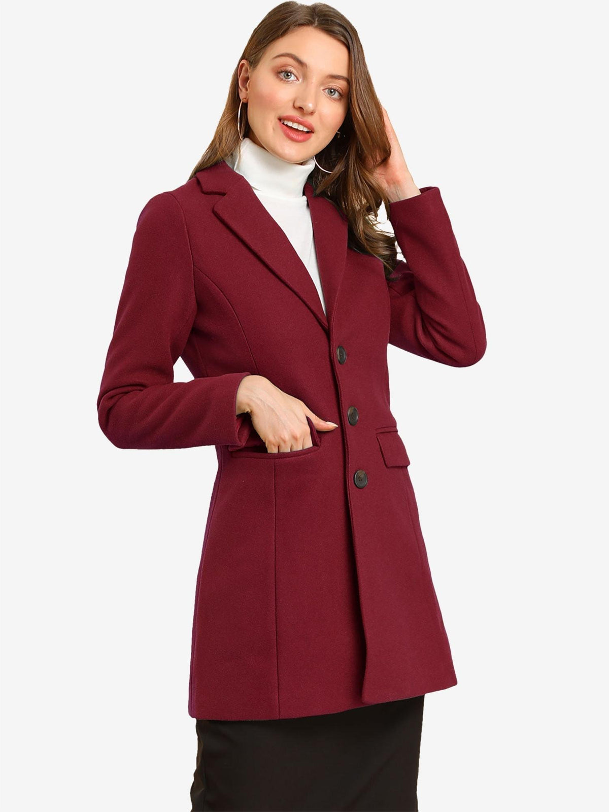 Women's Wool Blend Collared Coat – Tailored Fit – Burgundy