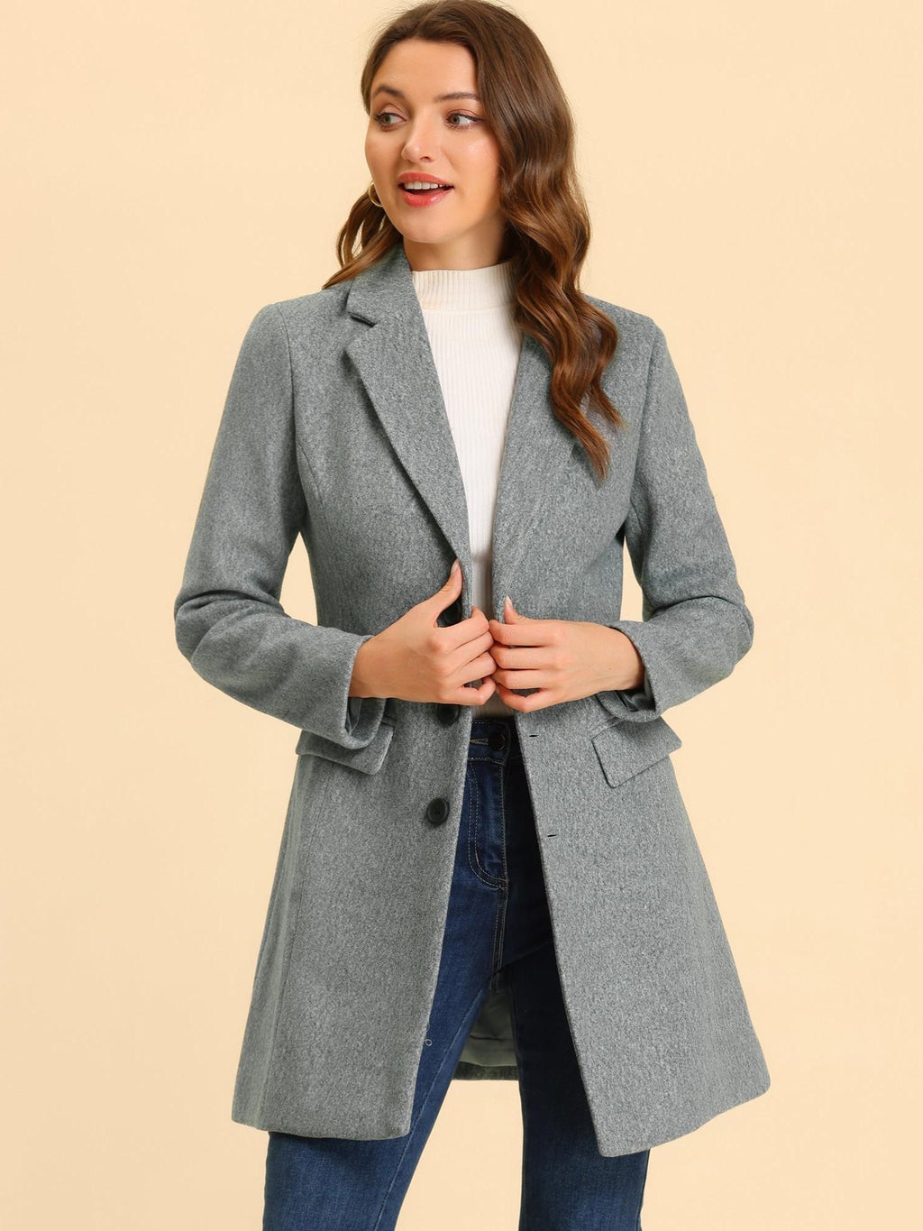 Women's Wool Blend Collared Coat – Tailored Fit – Light grey