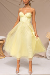 Women's Corset Midi Dress with Tulle Skirt for Formal Events and Special Occasions
