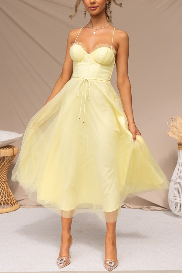 Women's Corset Midi Dress with Tulle Skirt for Formal Events and Special Occasions