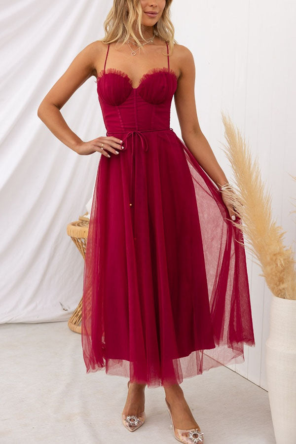 Women's Corset Midi Dress with Tulle Skirt for Formal Events and Special Occasions