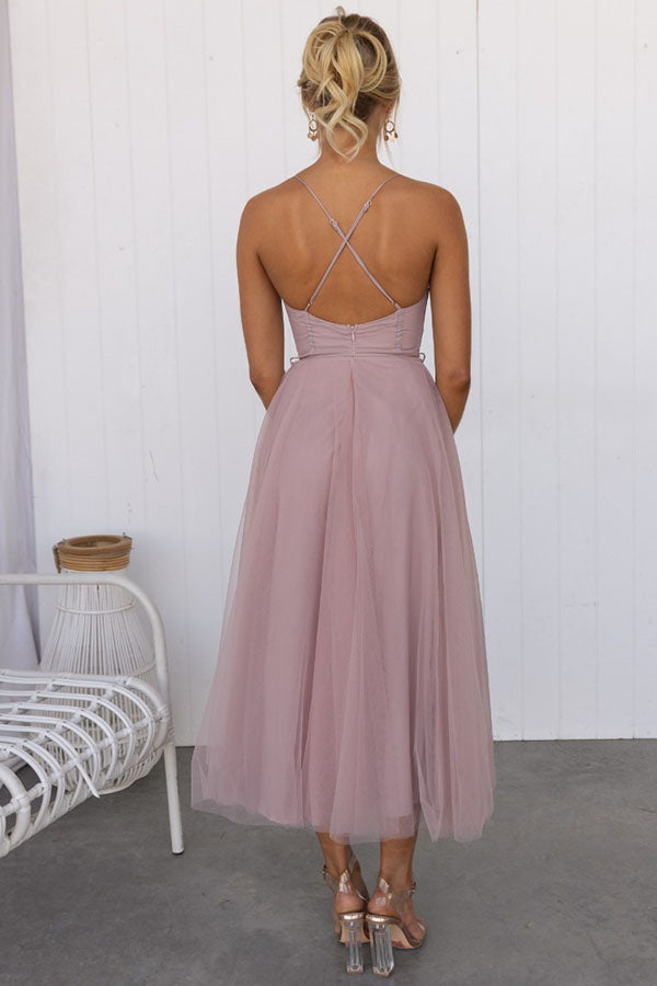 Women's Corset Midi Dress with Tulle Skirt for Formal Events and Special Occasions