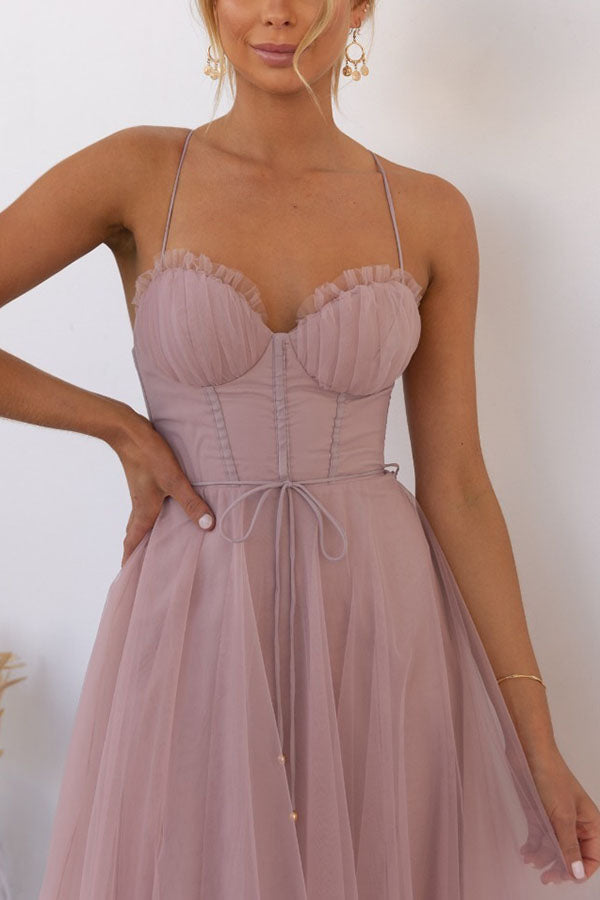 Women's Corset Midi Dress with Tulle Skirt for Formal Events and Special Occasions