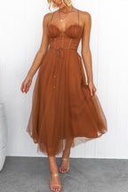 Women's Corset Midi Dress with Tulle Skirt for Formal Events and Special Occasions