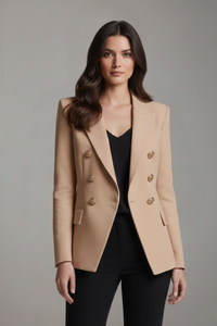 Women's Double-Breasted Blazer with Gold Buttons – Khaki