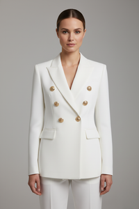 Women's Double-Breasted Blazer with Gold Buttons – White