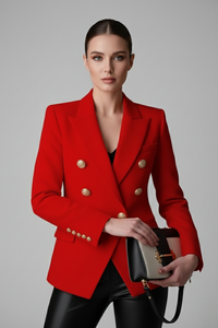 Women's Double-Breasted Blazer with Gold Buttons – Red