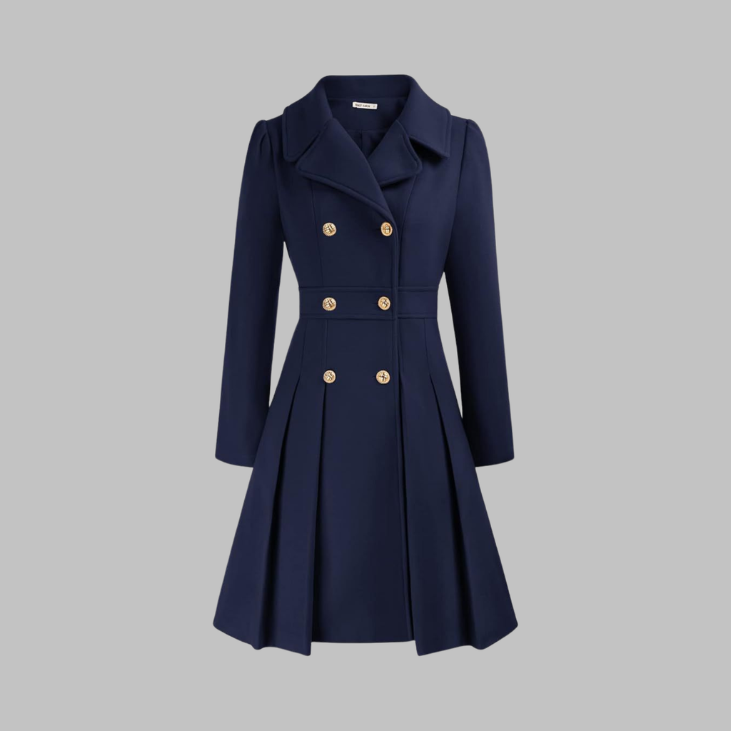 Women's Double-Breasted Longline Coat – Office & Everyday – Dark Blue
