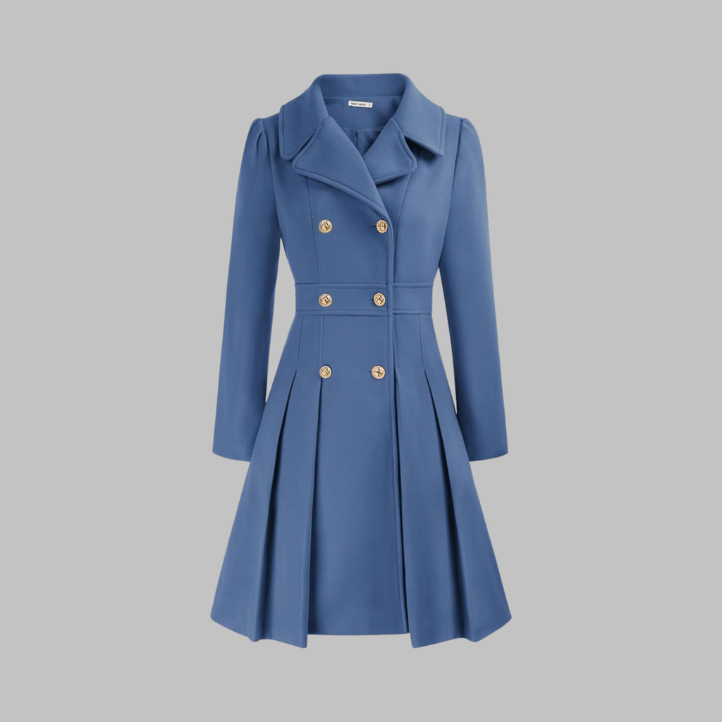 Women's Double-Breasted Longline Coat – Office & Everyday – Grey Blue