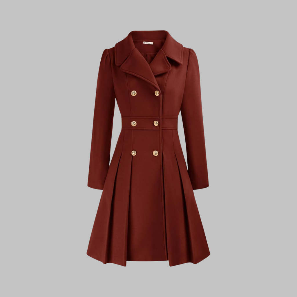 Women's Double-Breasted Longline Coat – Office & Everyday – Deep Red