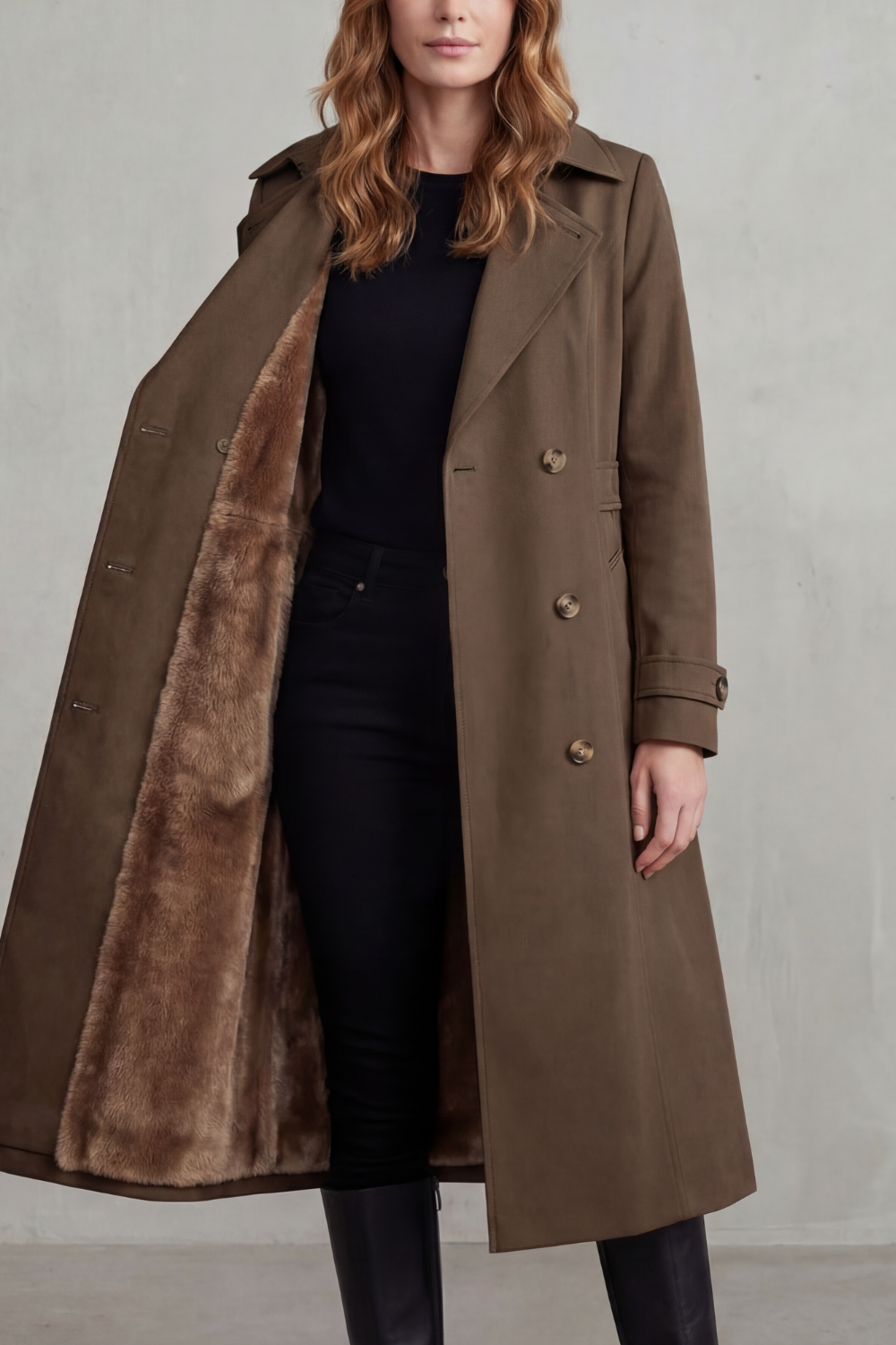 Women's Faux Fur Lined Double-Breasted Winter Coat – Thick coffee