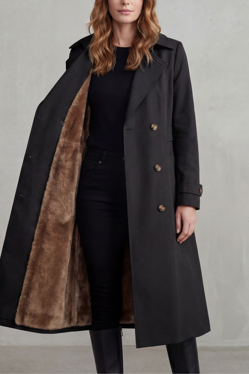 Women's Faux Fur Lined Double-Breasted Winter Coat – Thick black