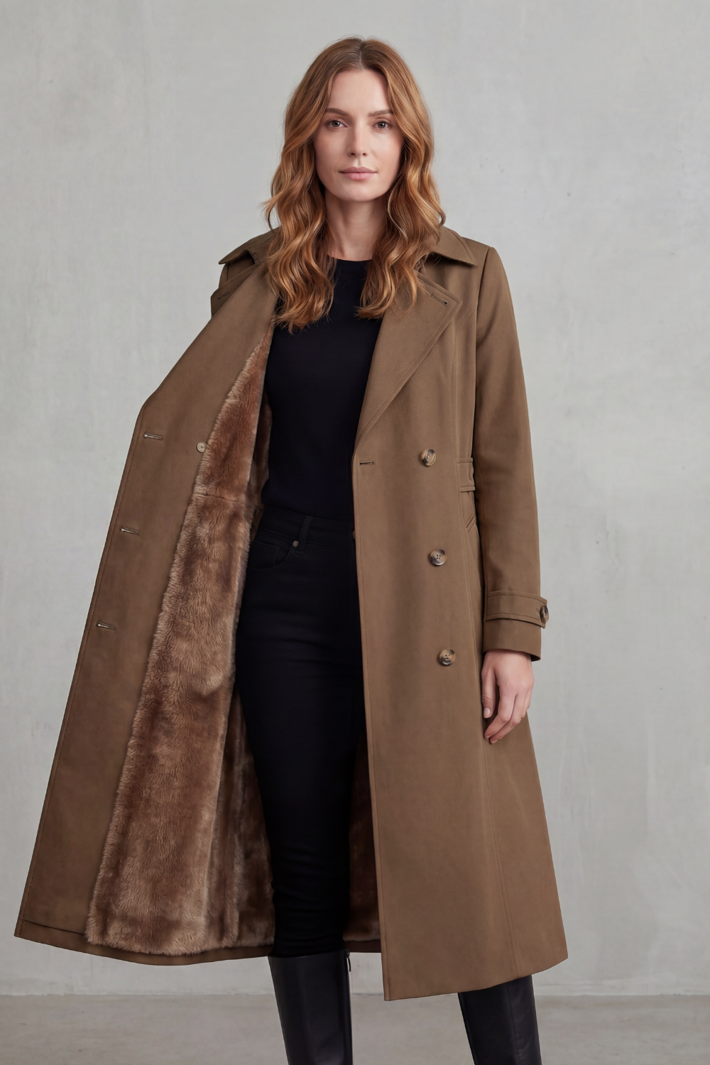 Women's Faux Fur Lined Double-Breasted Winter Coat