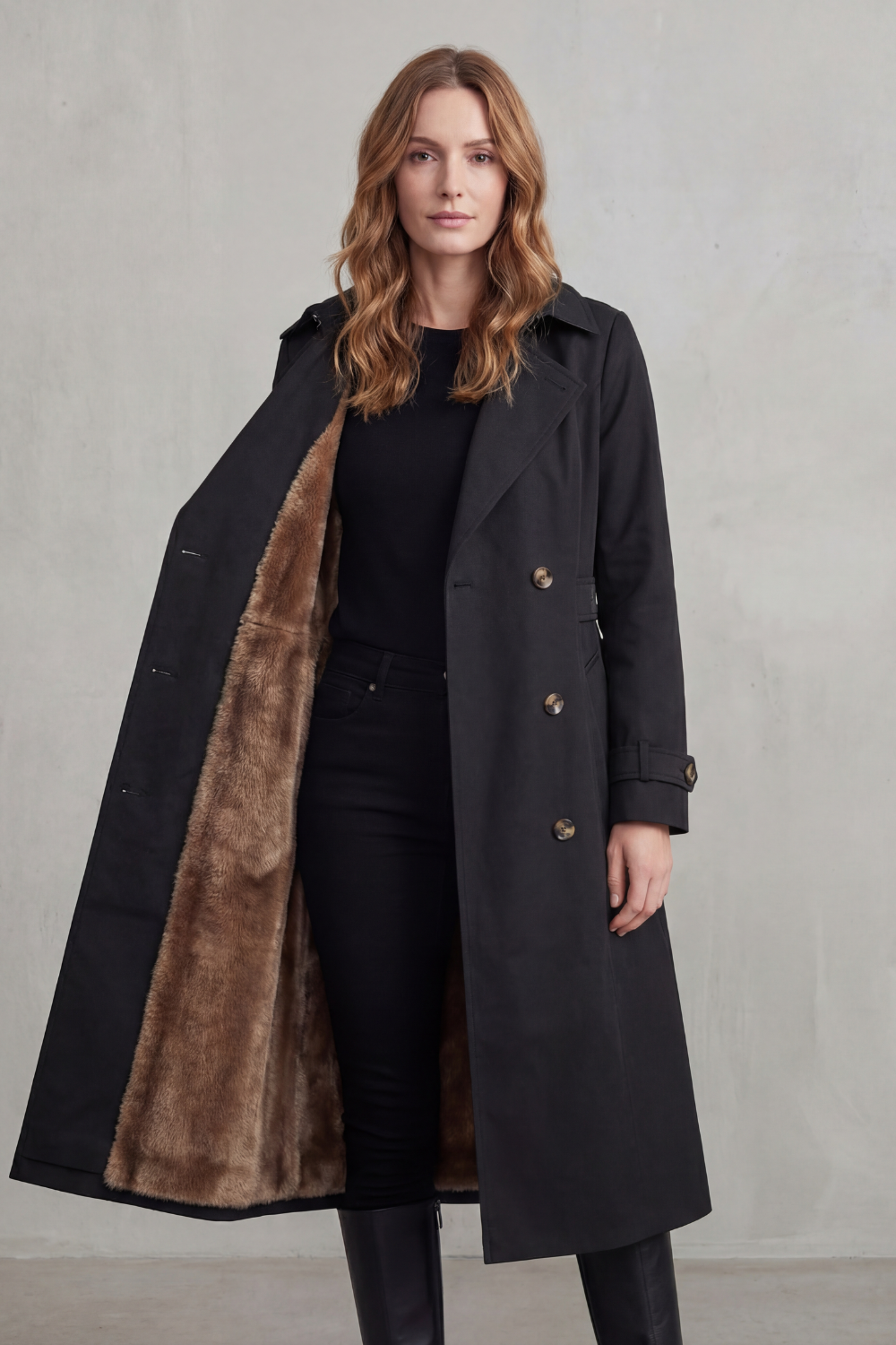 Women's Faux Fur Lined Double-Breasted Winter Coat