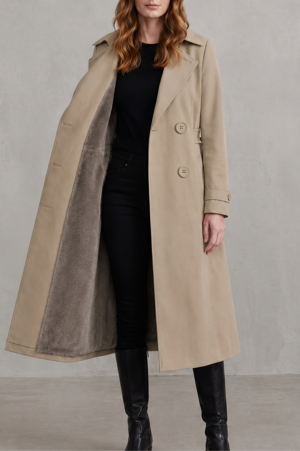 Women's Faux Fur Lined Double-Breasted Winter Coat – Thick khaki