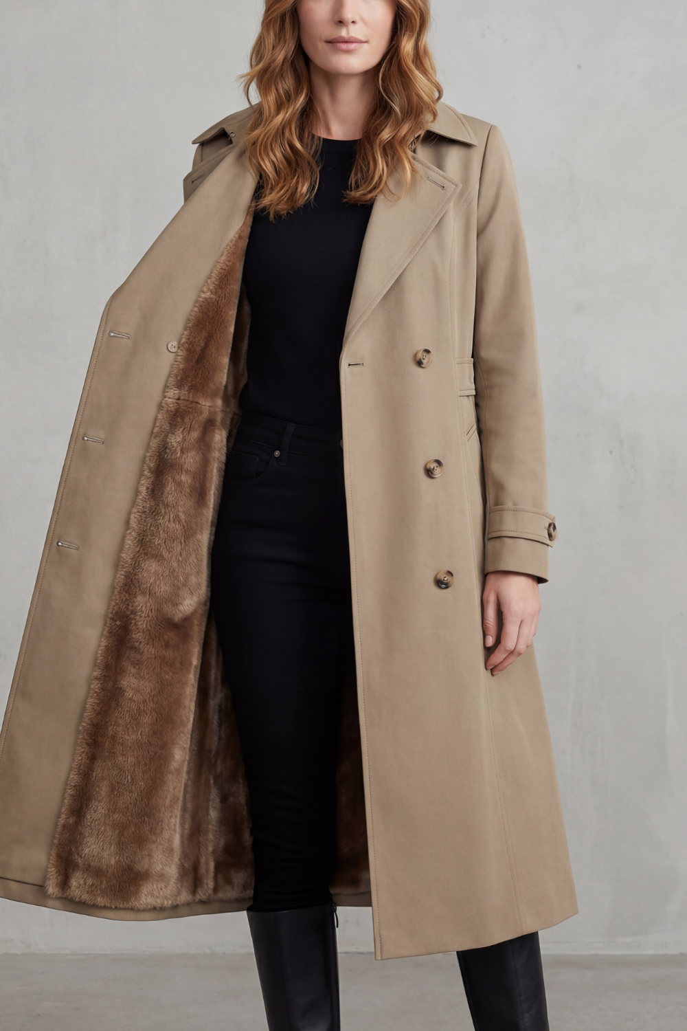 Women's Faux Fur Lined Double-Breasted Winter Coat – Khaki