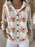 Women's Hooded Button-Front Cardigan – Relaxed Fit – Floral White