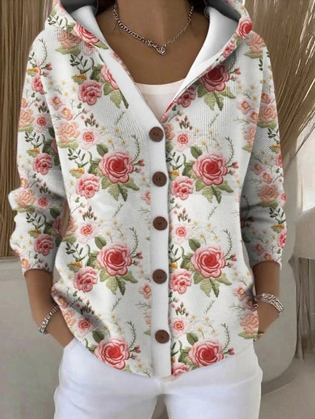 Women's Hooded Button-Front Cardigan – Relaxed Fit – Floral White