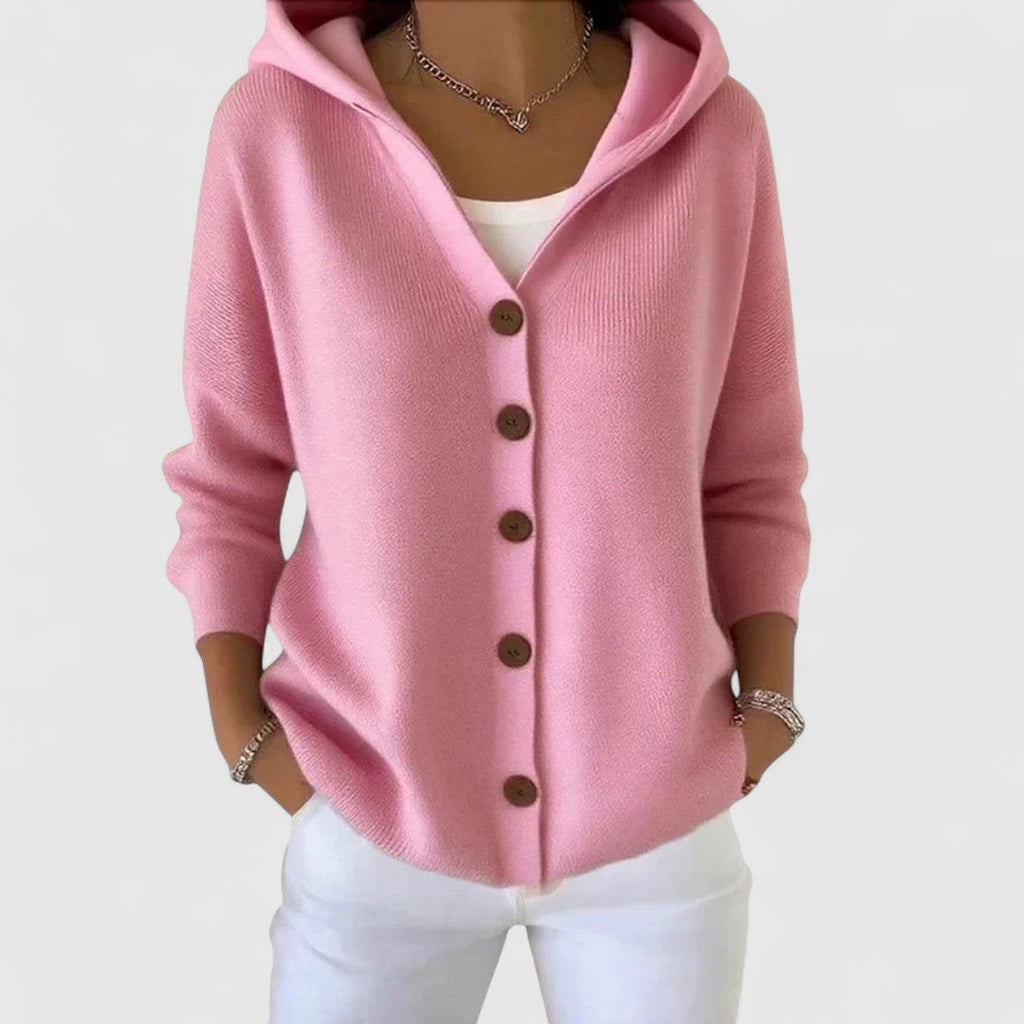 Women's Hooded Button-Down Knit Cardigan – Pink