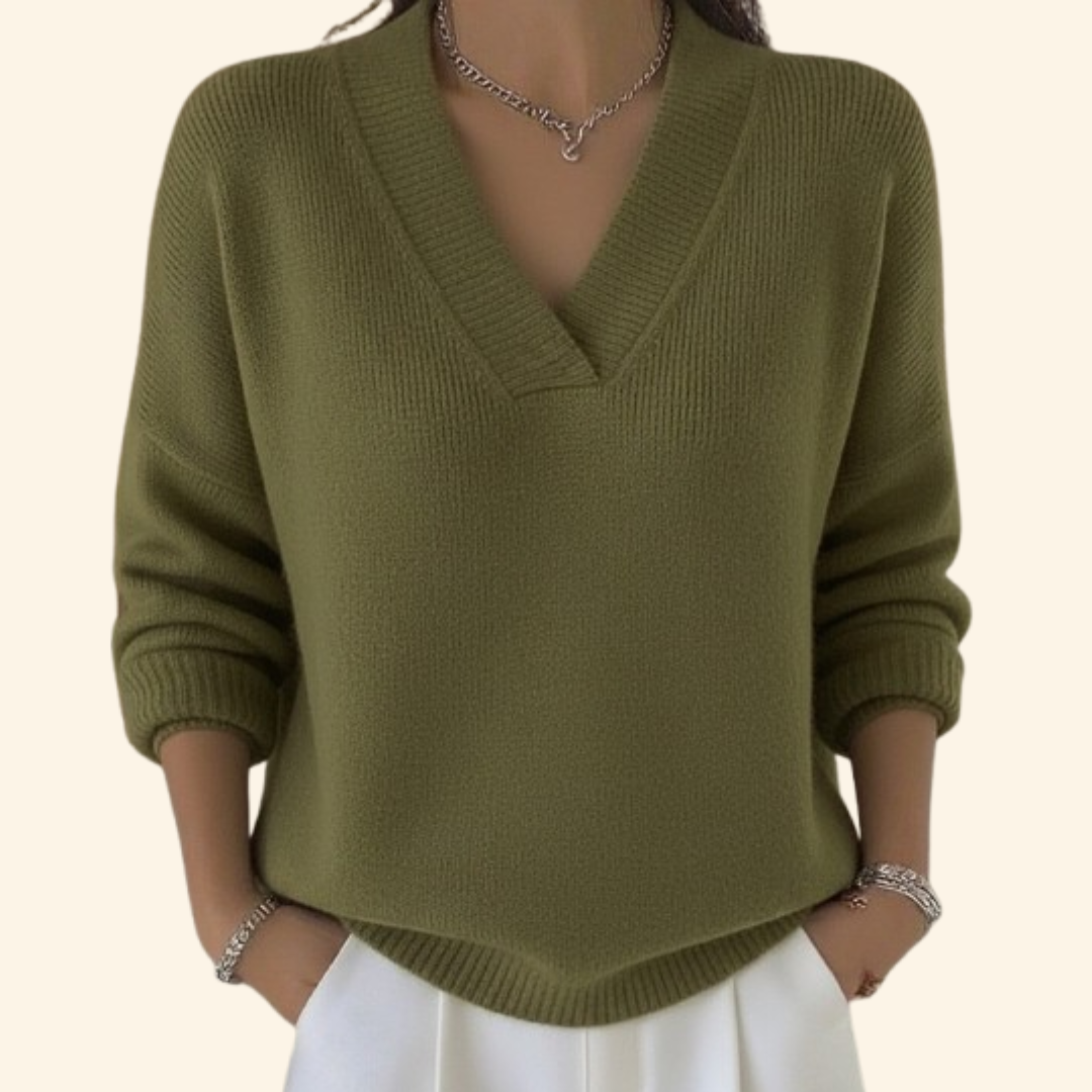 Women's Relaxed V-Neck Jumper – Soft Knit – Green