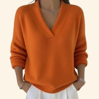 Women's Relaxed V-Neck Jumper – Soft Knit – Orange