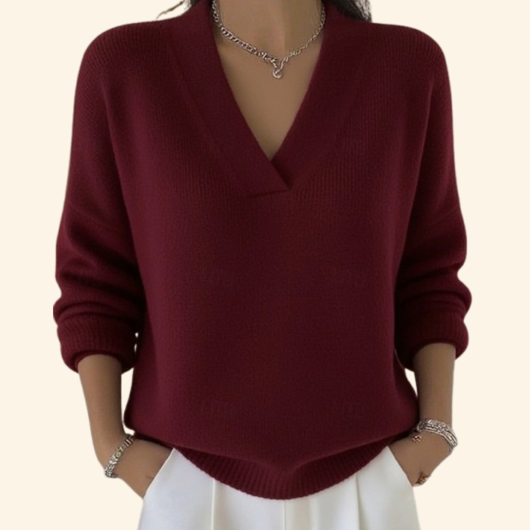 Women's Relaxed V-Neck Jumper – Soft Knit – Red
