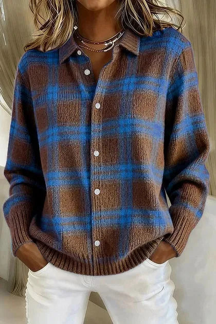 Women's Long Open Cardigan – Everyday, Work & Travel – Brown Blue Plaid