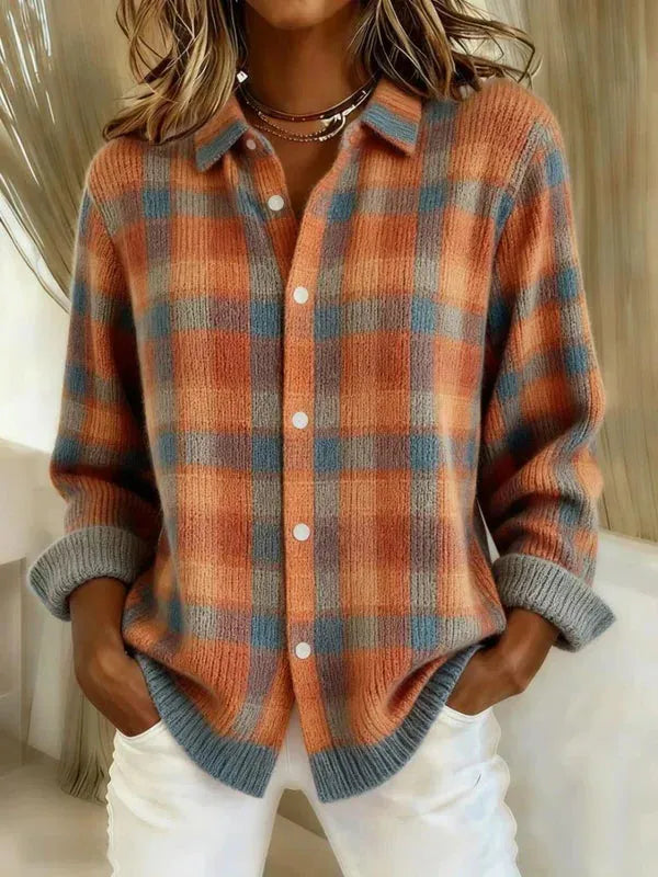 Women's Long Open Cardigan – Everyday, Work & Travel – Orange Blue Plaid