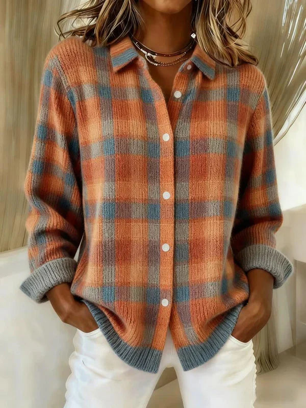 Women's Long Cardigan – Relaxed Office & Casual Layer – Orange Blue Plaid