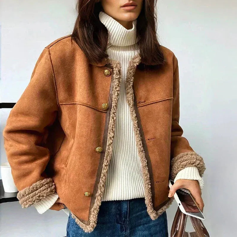 Women's Faux Shearling Jacket in Brown – Suede-Look – brown