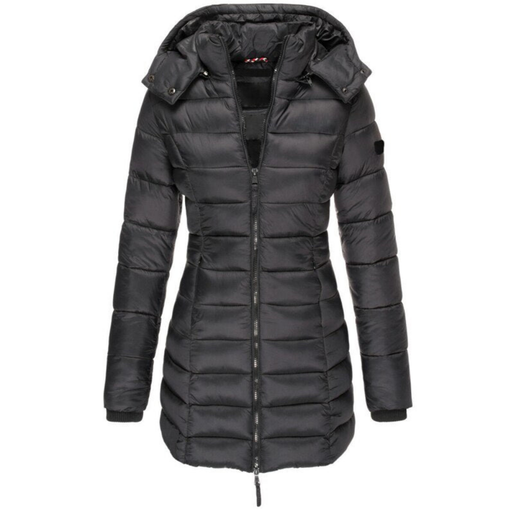 Women's Hooded Zip Puffer Jacket – Warm Outdoor Layer – Black