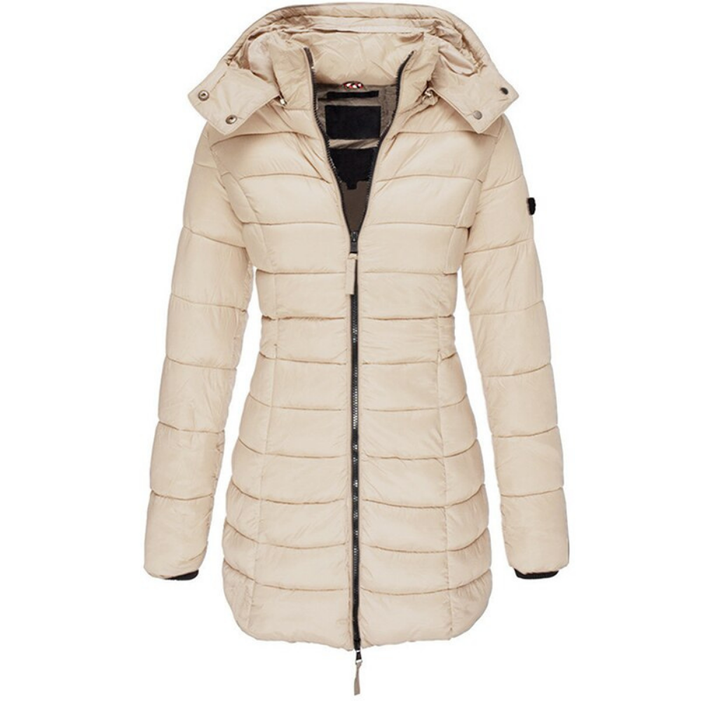 Women's Hooded Zip Puffer Jacket – Warm Outdoor Layer – Khaki
