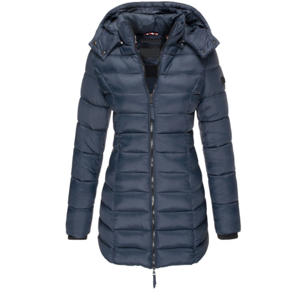 Women's Hooded Zip Puffer Jacket – Warm Outdoor Layer – Navy Blue