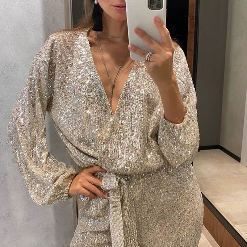 Women's Long Sleeve Deep V-Neck Jumpsuit - Comfortable Fabric for Casual or Dressy Occasions
