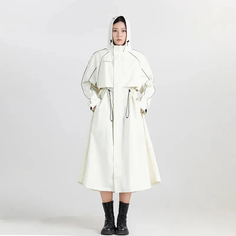 Women's Waterproof Longline Hooded Cycling Raincoat – Beige