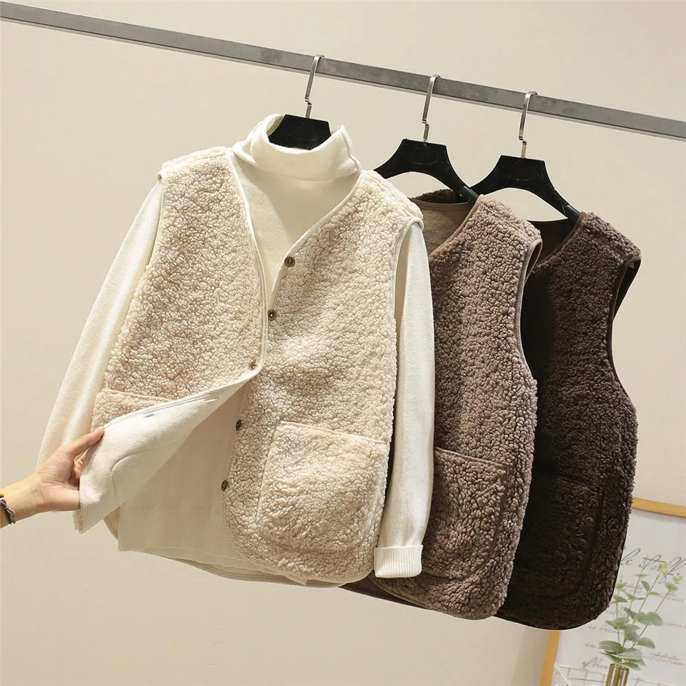 Women's Lamb Wool Blend Fleece Gilet – Button-Up