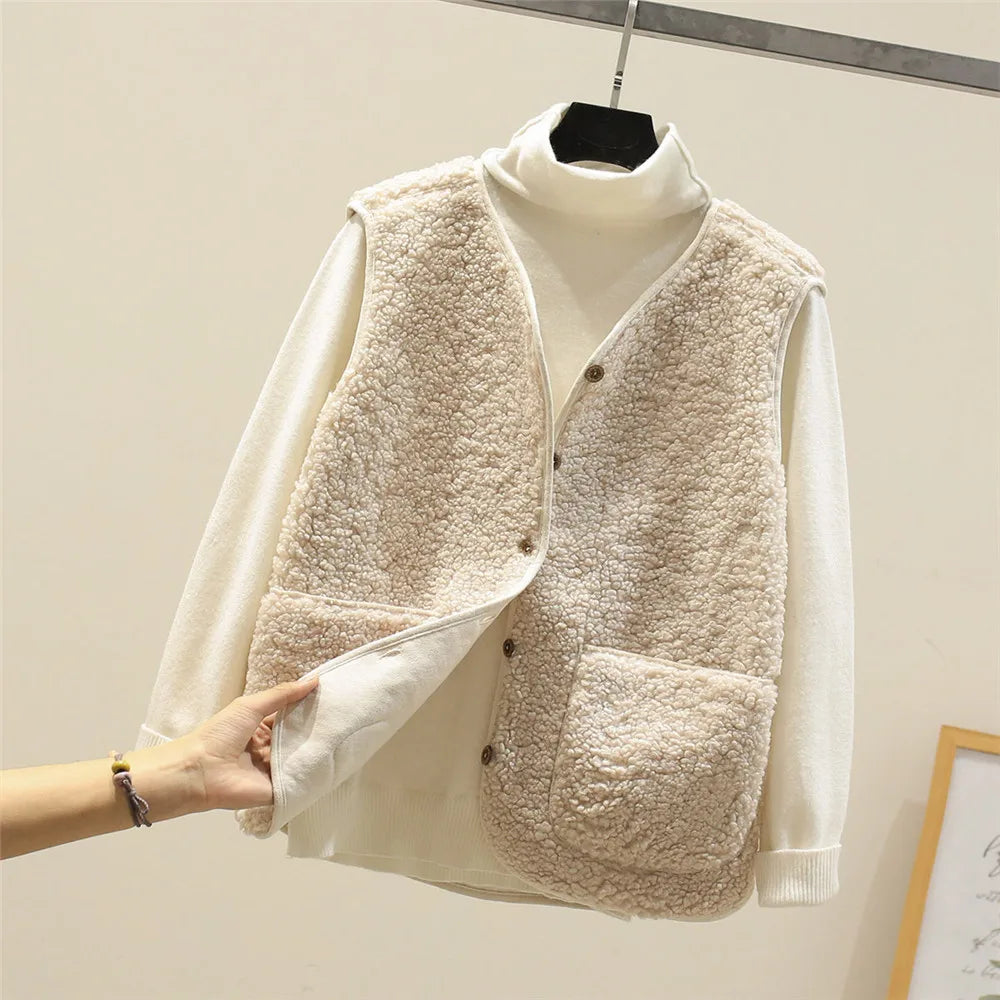 Women's Lamb Wool Blend Fleece Gilet – Button-Up – Beige