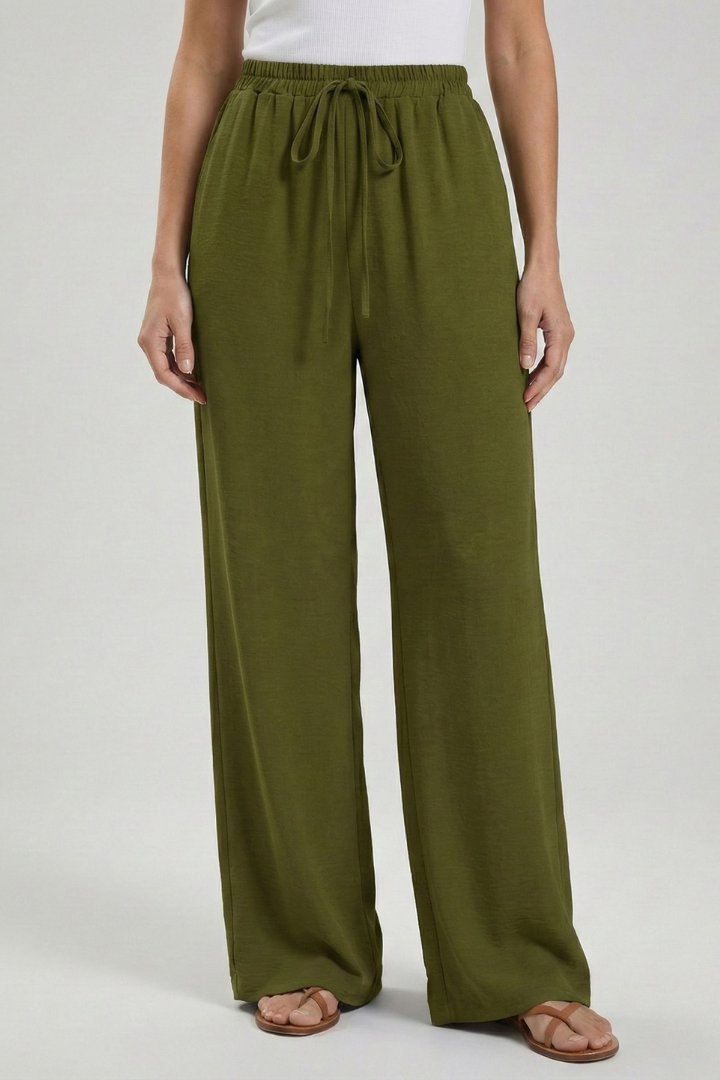 Women's Palazzo Trousers with Drawstring Waist & Side Pockets – Olive Green
