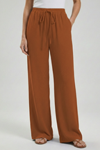 Women's Palazzo Trousers with Drawstring Waist & Side Pockets – Orange