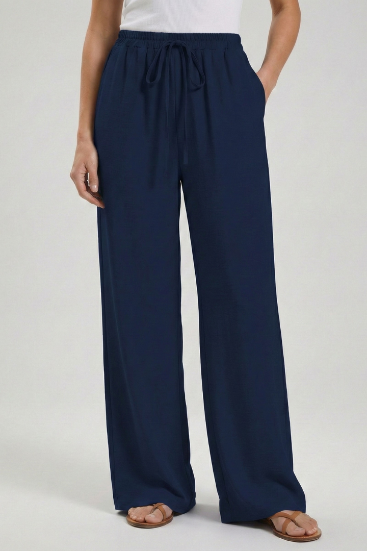 Women's Palazzo Trousers with Drawstring Waist & Side Pockets – Dark Blue