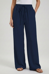 Women's Palazzo Trousers with Drawstring Waist & Side Pockets – Dark Blue